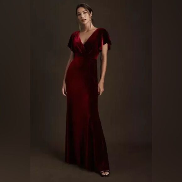 Jenny Yoo Ellis Flutter-Sleeve Open-Back Velvet Gown - Picture 1 of 7